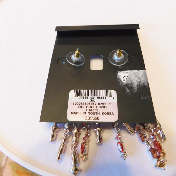 Inc Gold Tone Peach, Dark Coral Rhinestone Chandlier Earrings - NWT - Picture 4 of 4